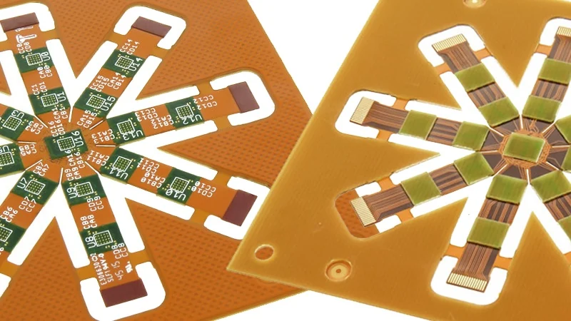 Flexible circuit samples with local stiffeners, branching tails and exposed contact fingers
