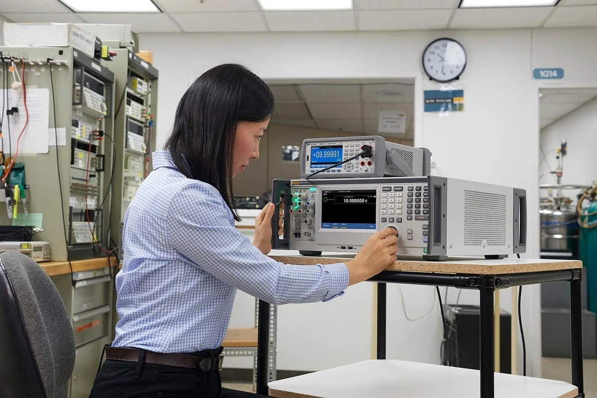 Technicienne utilisant un instrument de laboratoire avec écrans, clavier, commande rotative et cordons de mesure raccordés