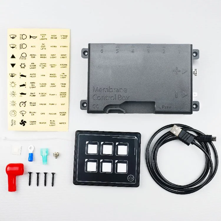 Panel de membrana marino con caja de control separada, cable, terminales, tornillos y etiquetas de símbolos