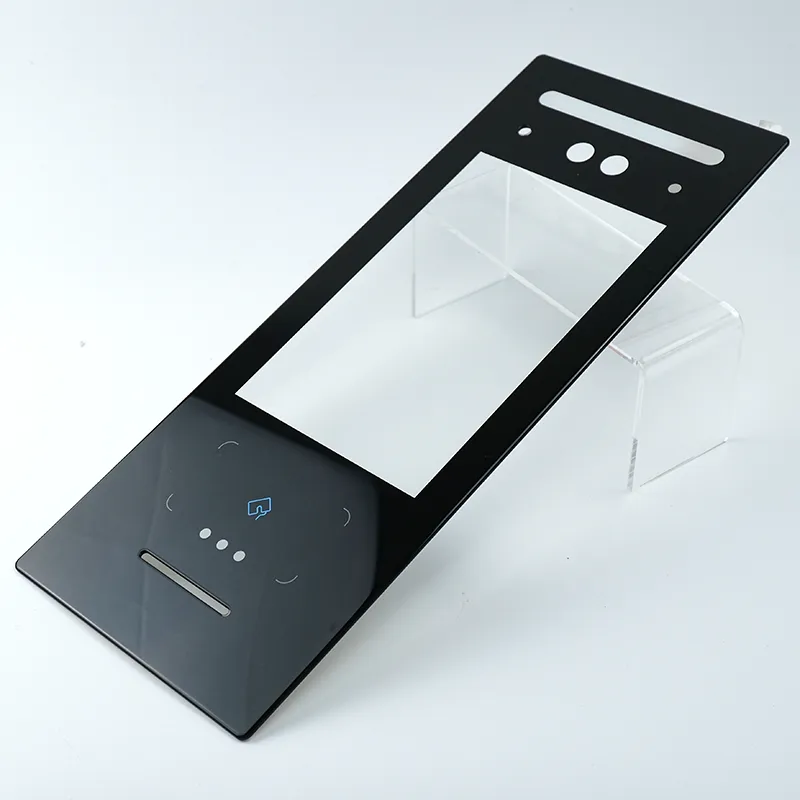 Printed glass front panel with a clear display window and touch symbols