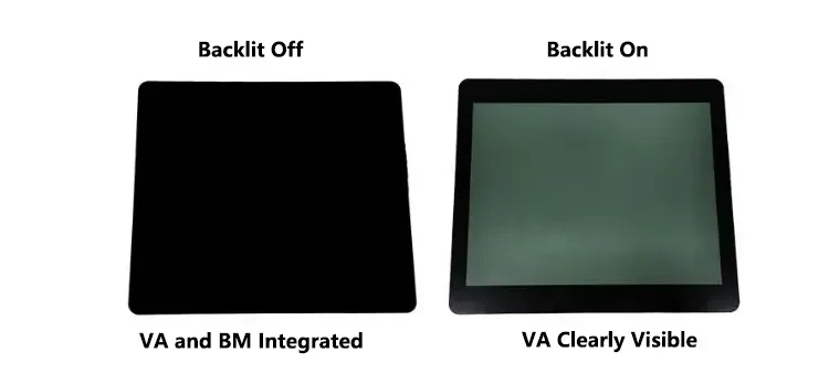 Dead-front glass comparison with the backlight off and on, showing the concealed and visible display area