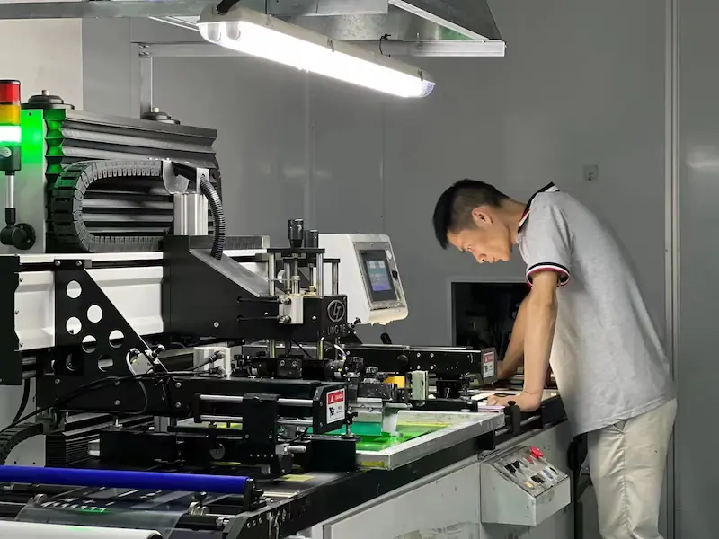JASPER operator setting up automatic screen printing for capacitive touch panel graphics