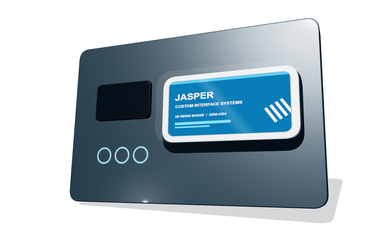 Custom blue resin logo badge installed on a dark industrial equipment enclosure beside a display and controls