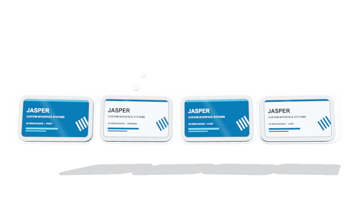 Four custom badge states showing printing, resin dispensing, resin flow, and cured domed-label production
