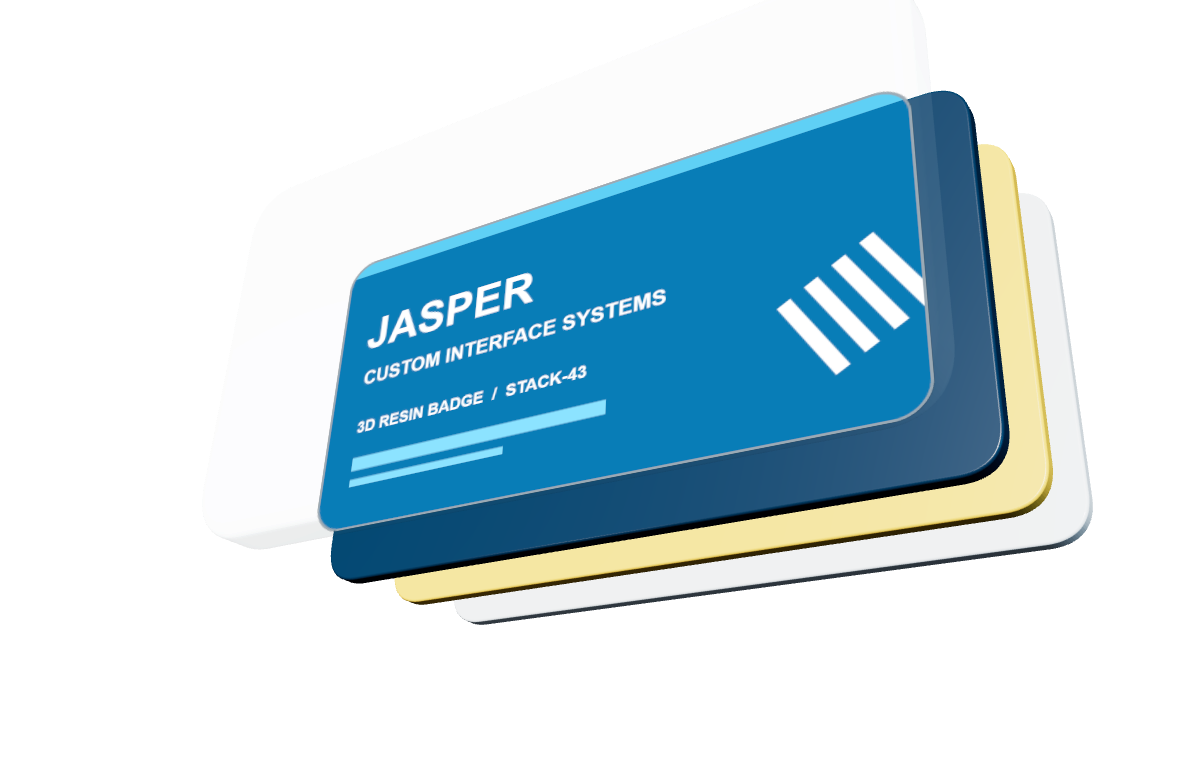 Exploded three-dimensional domed-label stack showing clear resin, blue printed graphic, carrier, adhesive, and release liner