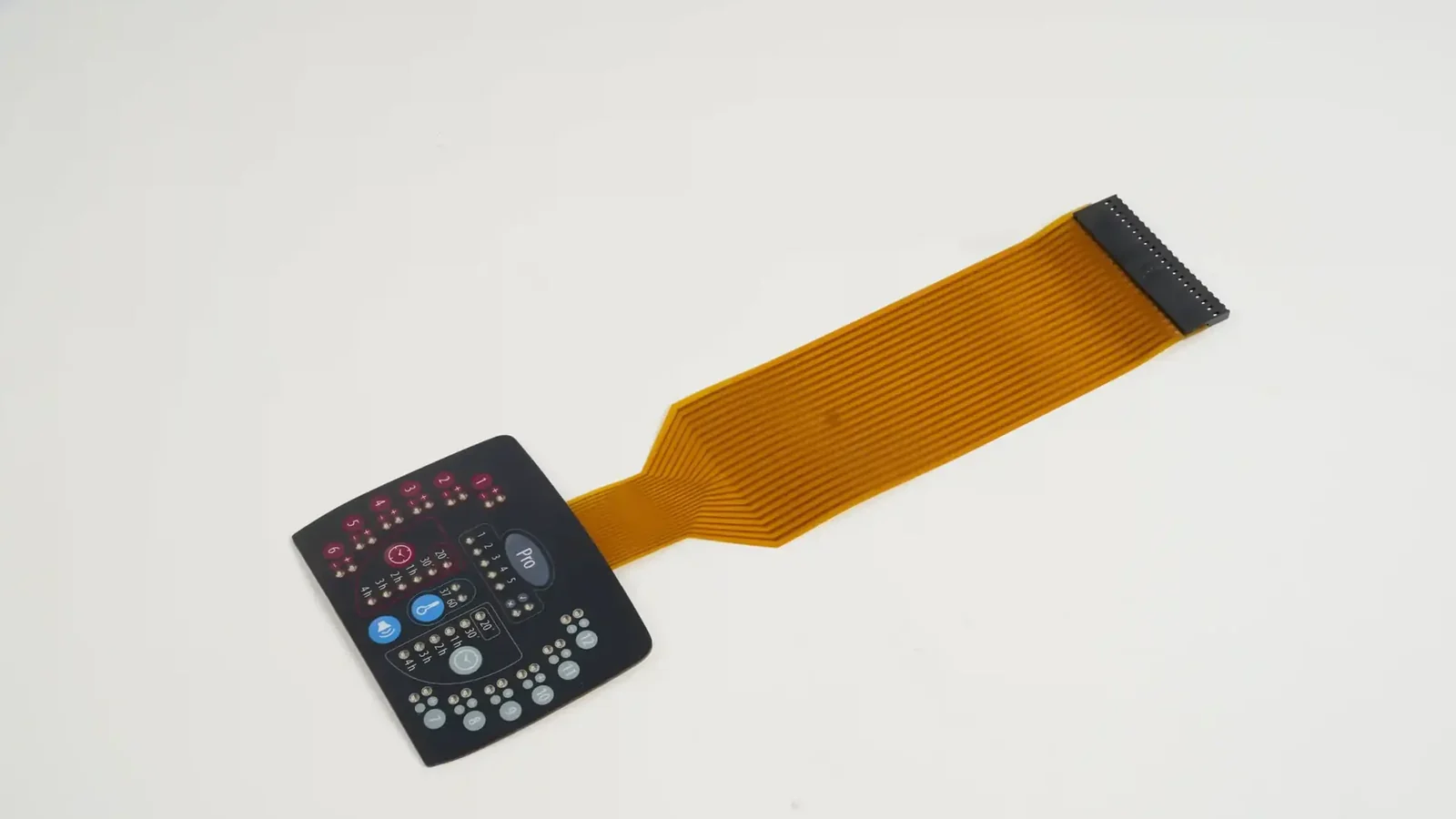 Real JASPER FPC membrane switch with a long routed copper flex tail and connector