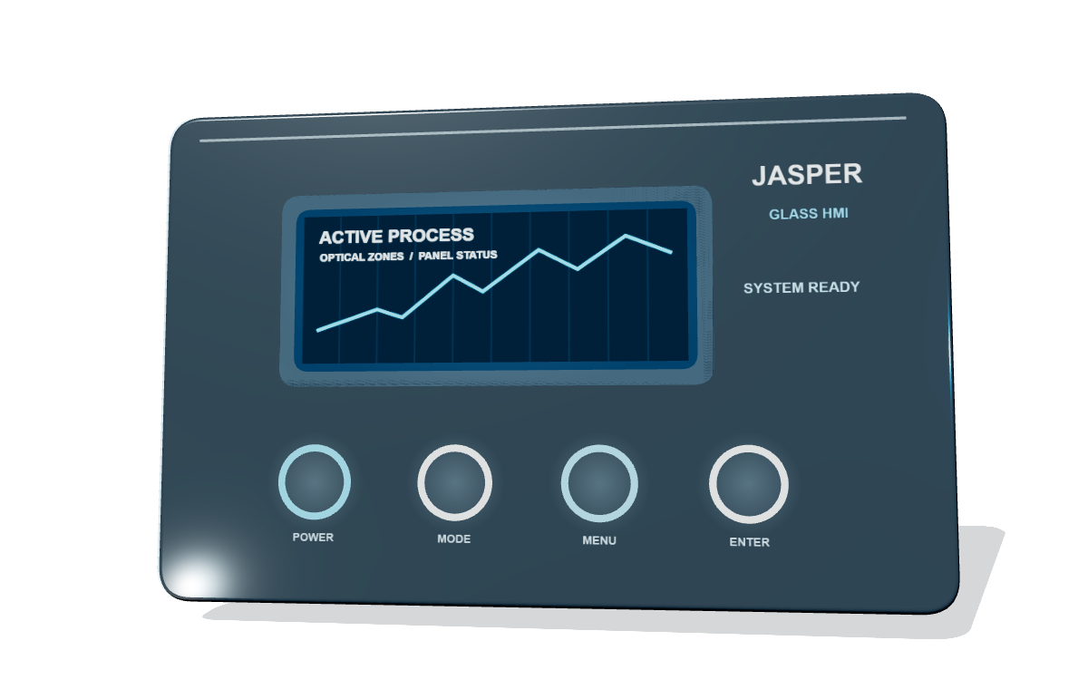 Powered custom glass nameplate showing illuminated display and touch icons