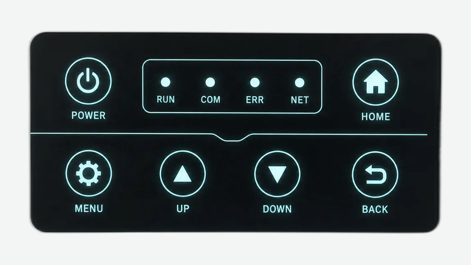 Finished illuminated HMI cover panel with a defined viewing zone and touch icons