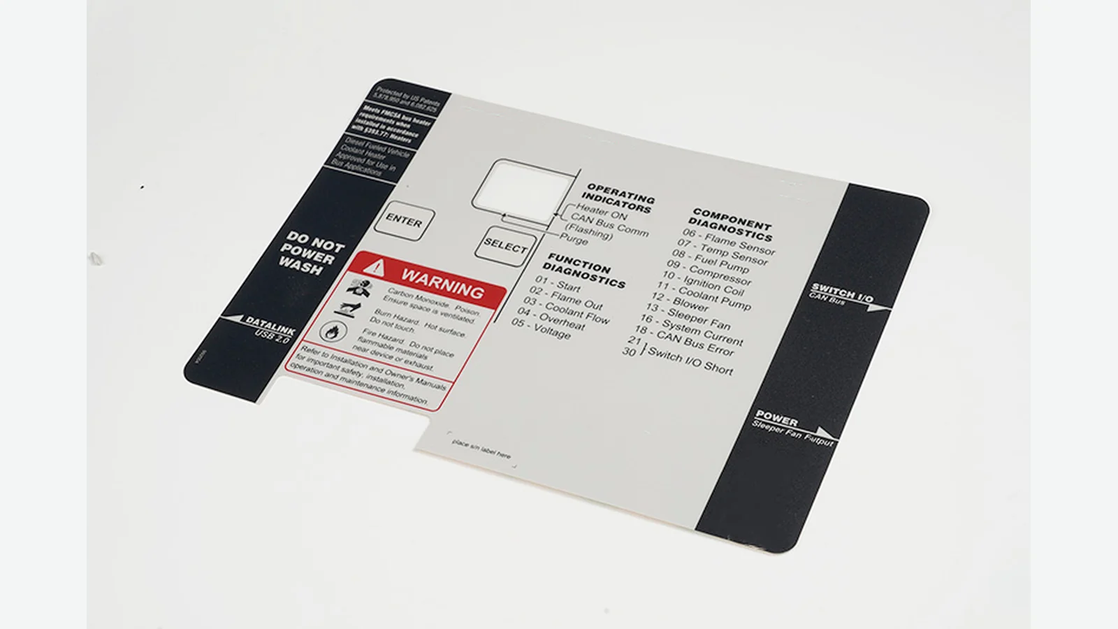 Real printed industrial graphic overlay sheet with warning and operating legends