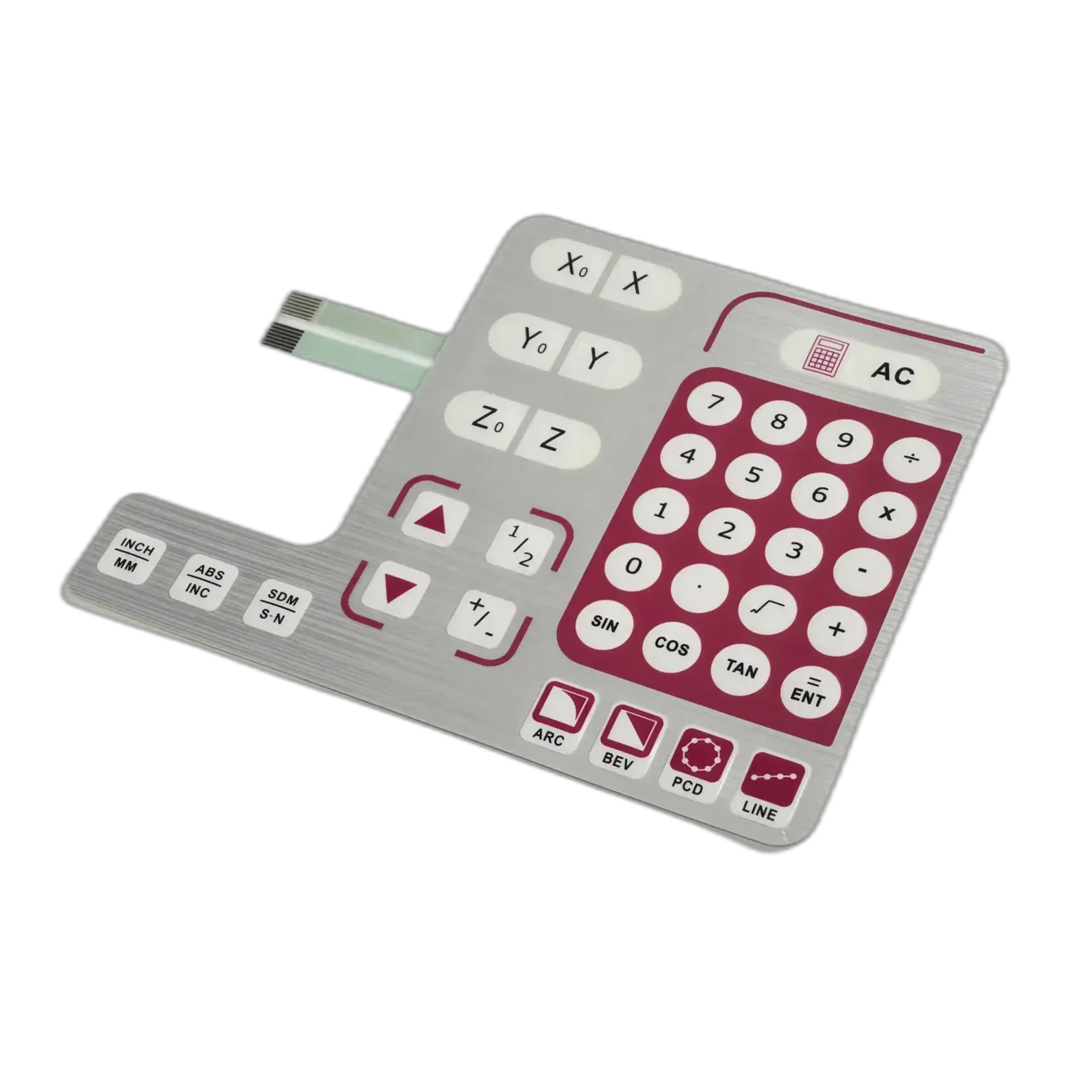 Industrial membrane keypad with grouped numeric, directional and function keys plus a flexible tail