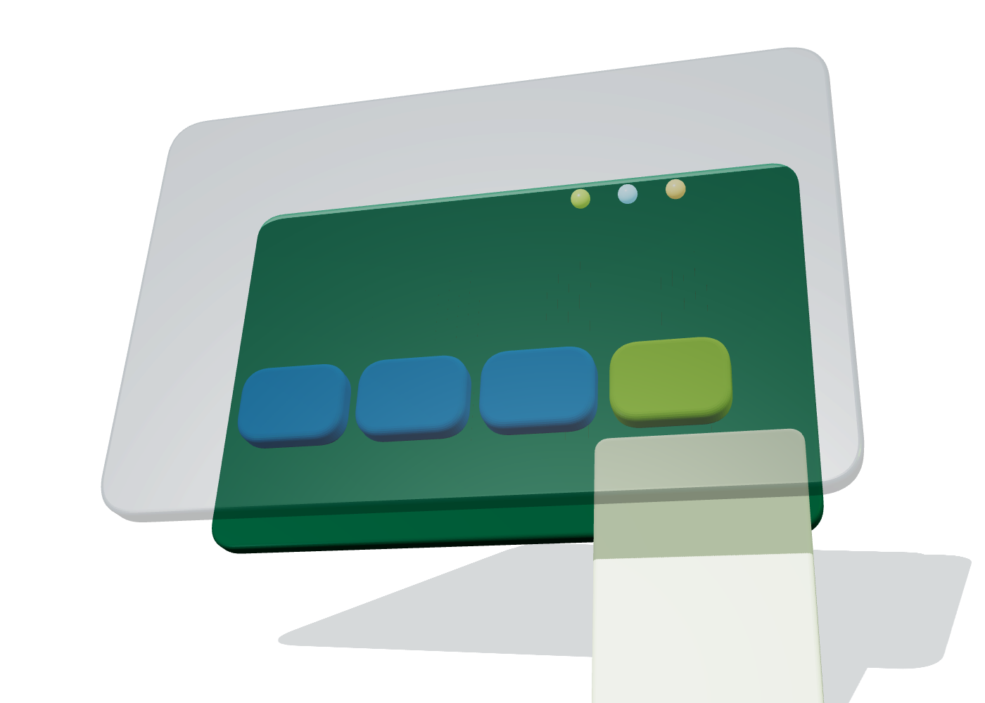 Three-dimensional membrane switch construction showing a flexible circuit tail and layered keypad assembly