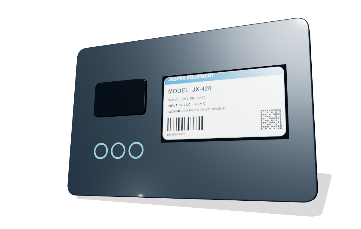 Industrial equipment enclosure with a custom rating and serial label installed beside a display and controls