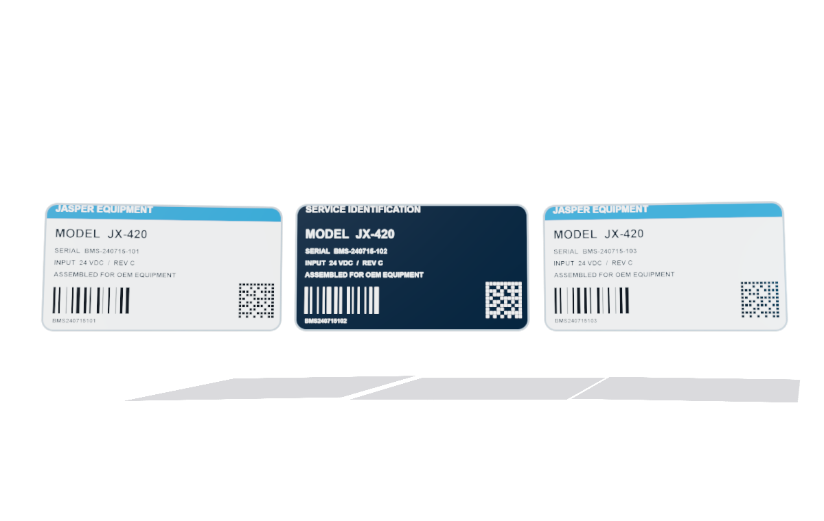 Three industrial label nameplates with controlled fixed artwork and different serial numbers and machine-readable codes