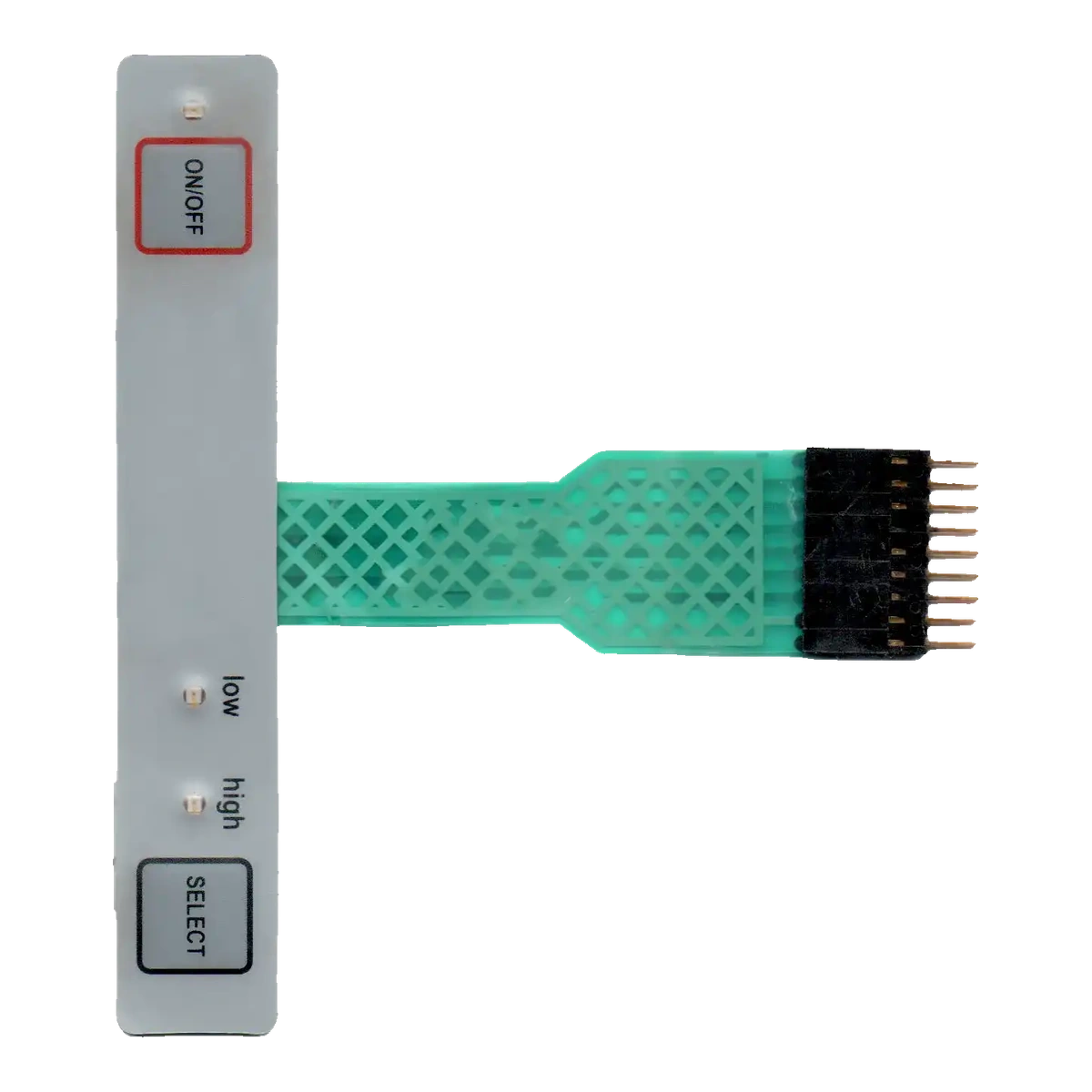 LED membrane switch with three visible LED components, two labeled control areas, a flexible tail, and pin connector