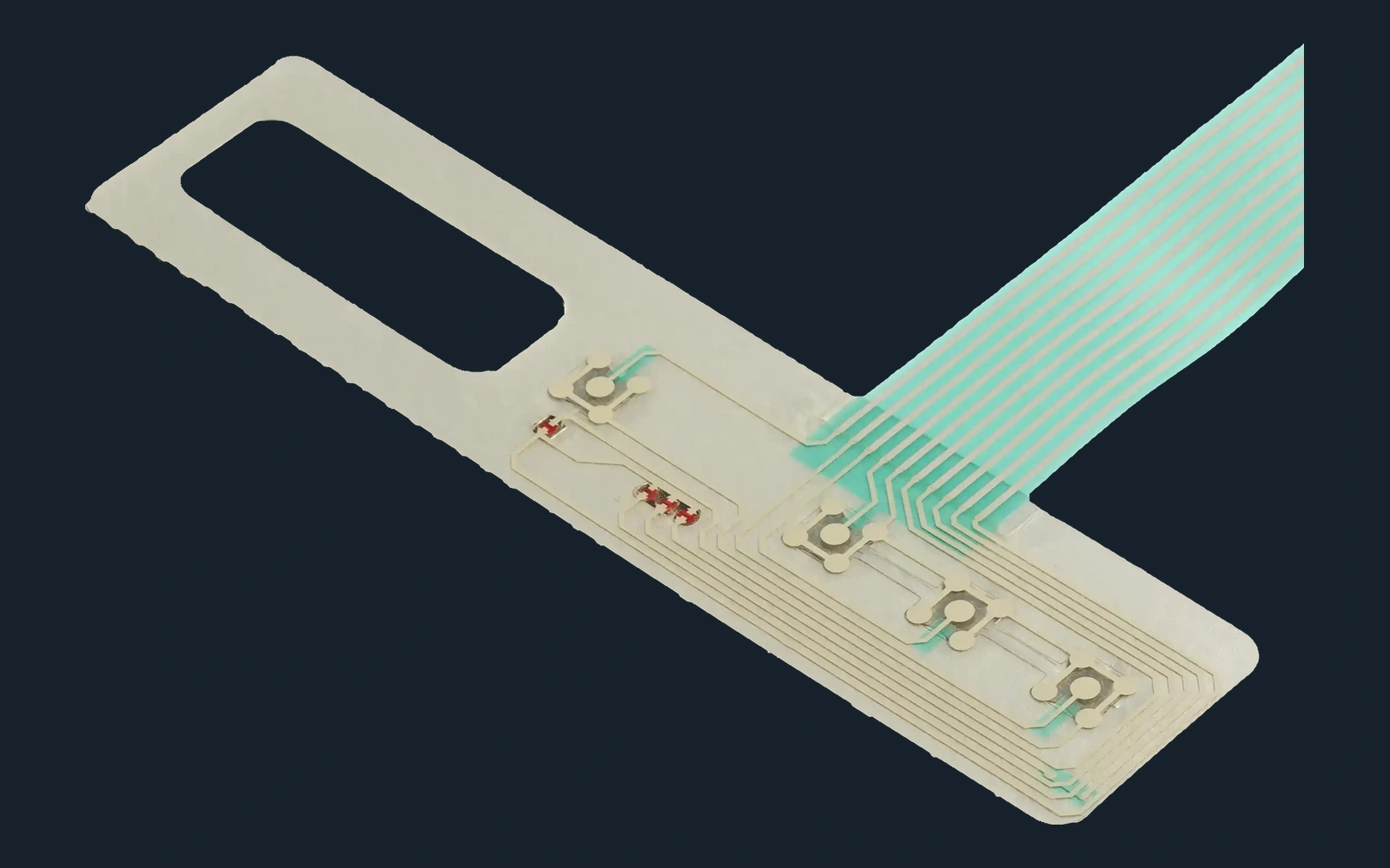 Flexible membrane switch circuit with SMD LEDs, printed contacts, a display opening, and routed tails