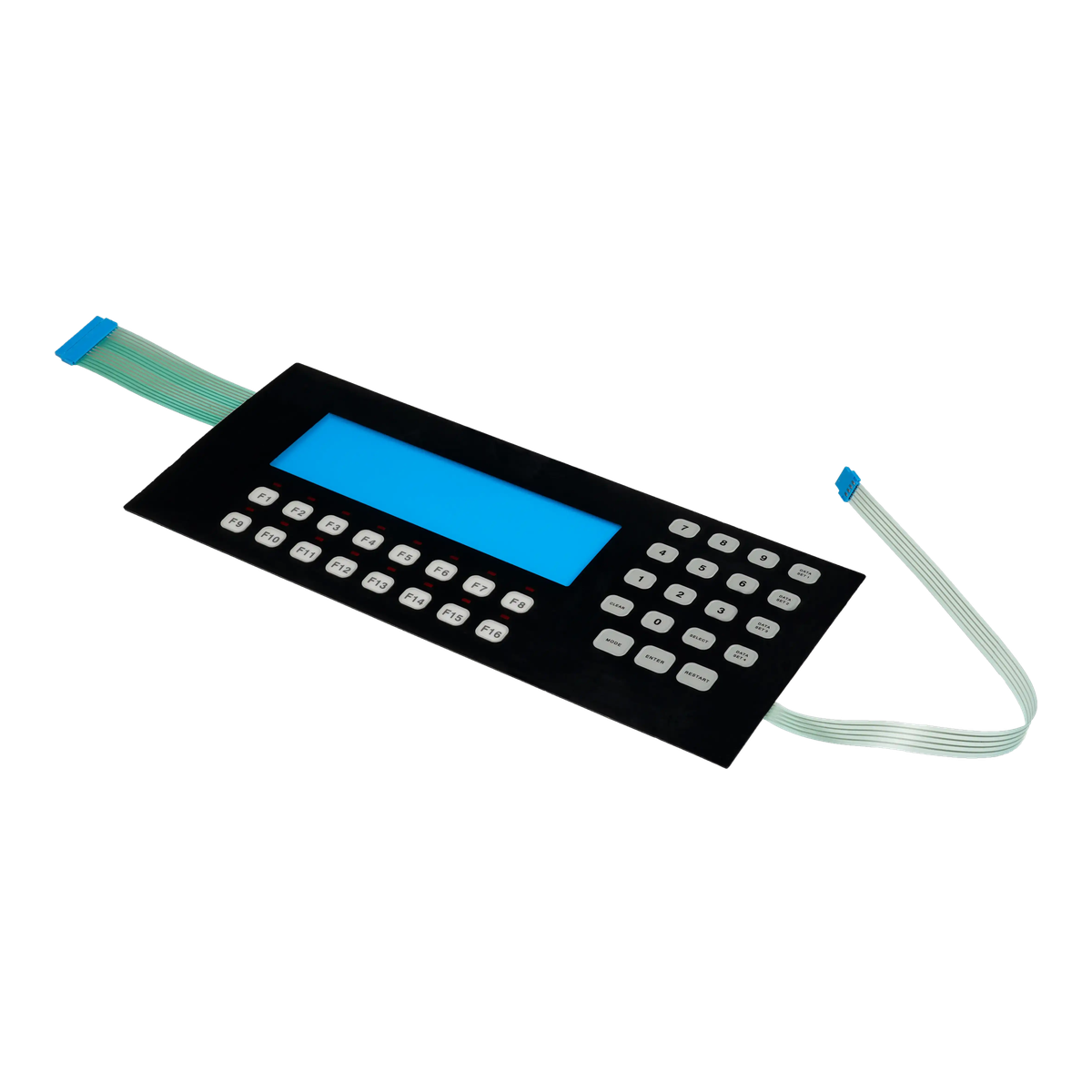 Custom membrane button switch with raised function and numeric keys, display window, and two flexible tails