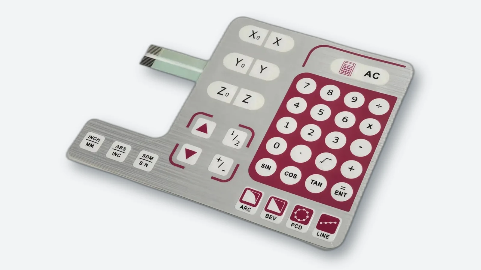 Real custom membrane keypad with grouped function keys, numeric controls, printed legends, and a flexible circuit tail