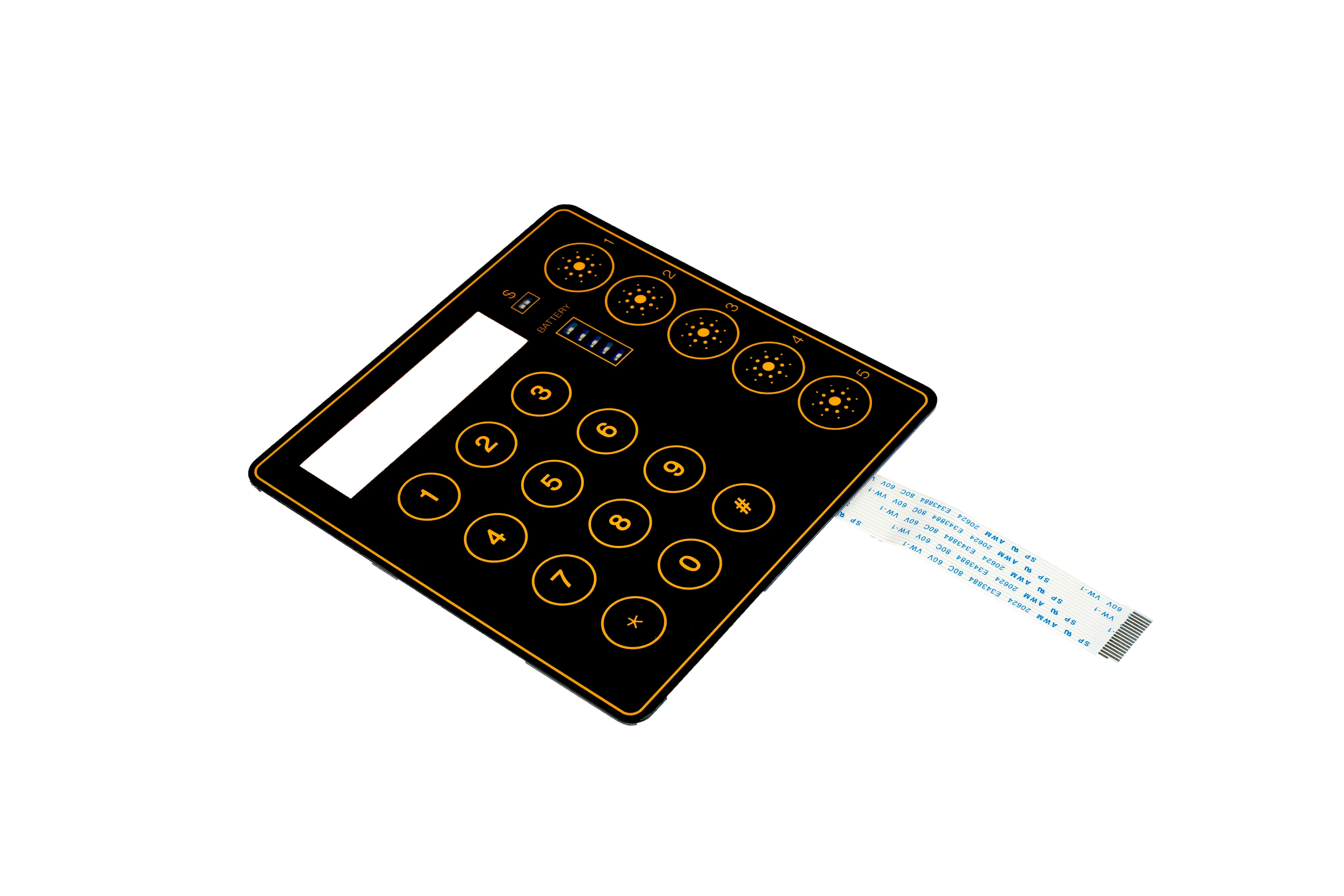 Clavier à membrane numérique avec fenêtre d'affichage, légendes imprimées et nappe flexible