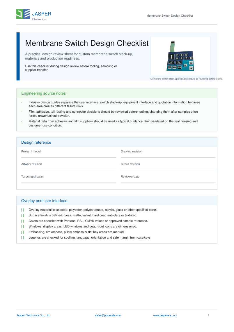 JASPER Membrane Switch Design Checklist cover