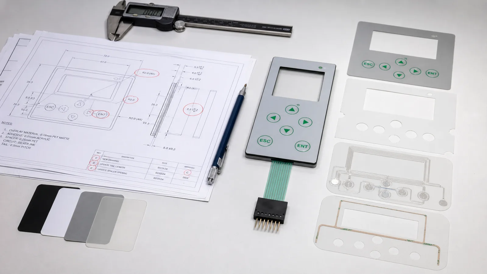 Table de revue avec plan d’interrupteur à membrane, face imprimée, circuit, nappe flexible, connecteur, pied à coulisse et échantillons de film