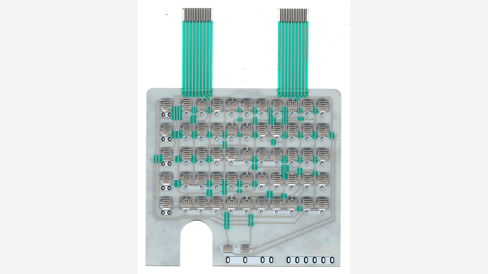 Real membrane switch shield circuit with printed conductive grid and two tails