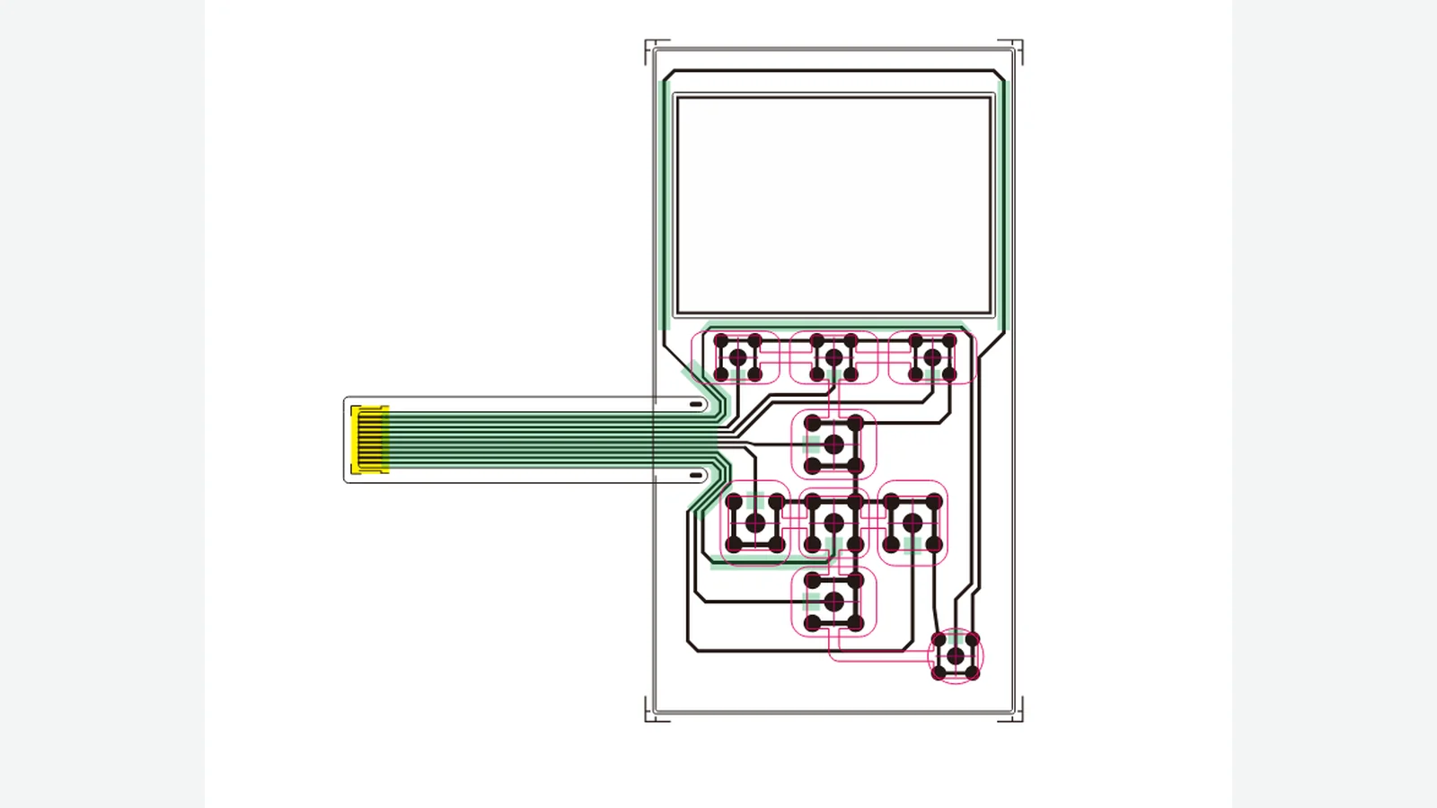 Engineering layout diagram showing membrane switch circuit and dedicated tail geometry