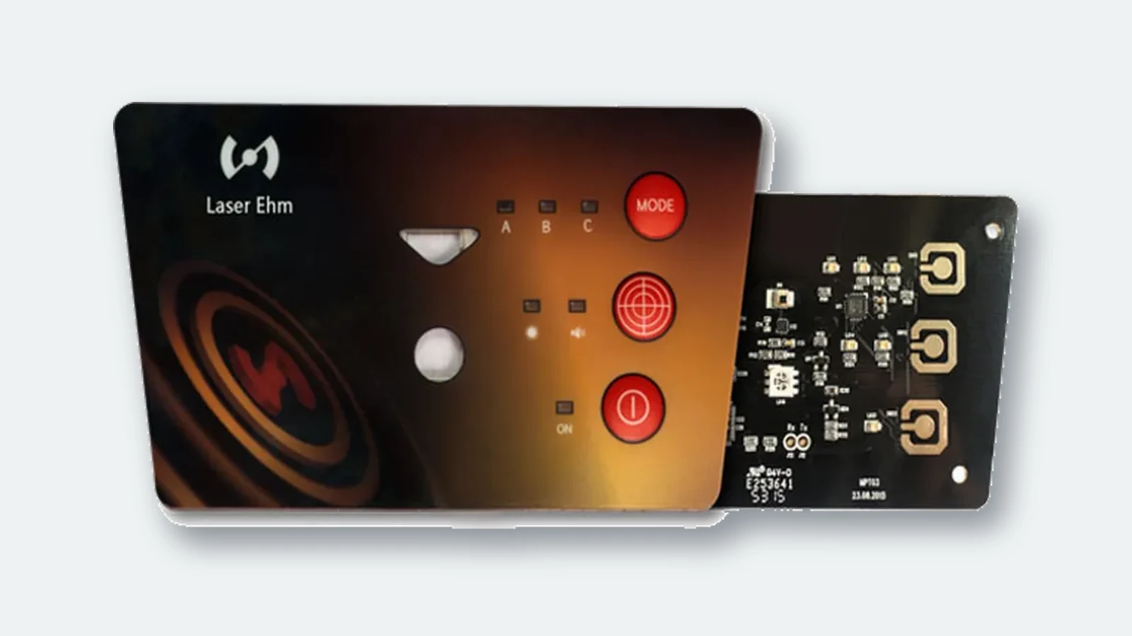 Real membrane switch HMI front panel with display window, tactile controls, status indicators, and PCB assembly