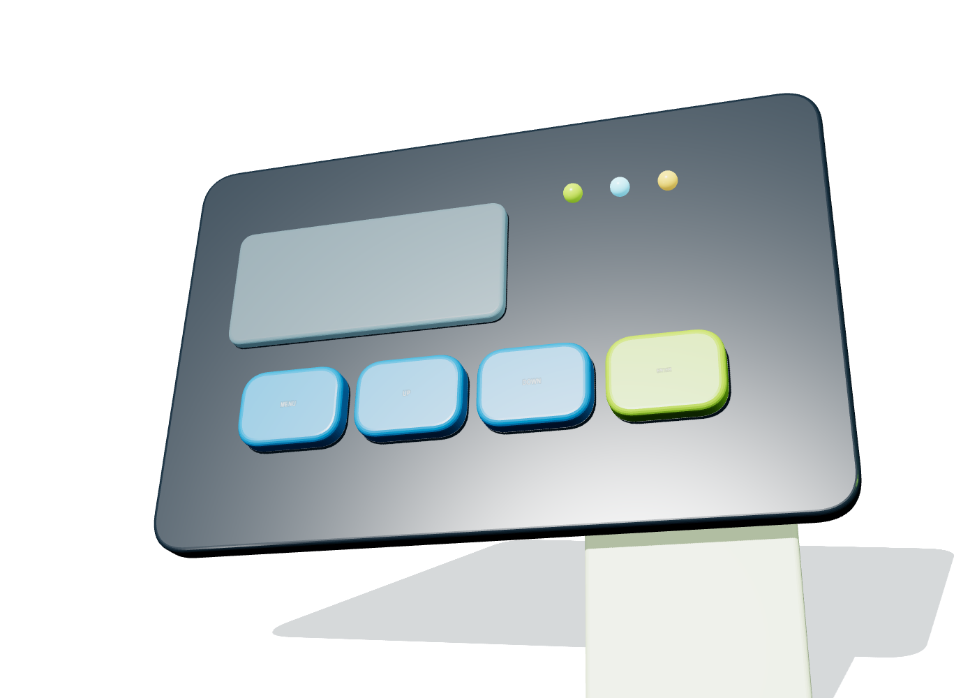 Panel de conmutación de membrana completo con ventana de visualización, cuatro teclas de control, indicadores de estado, cola flexible y conector