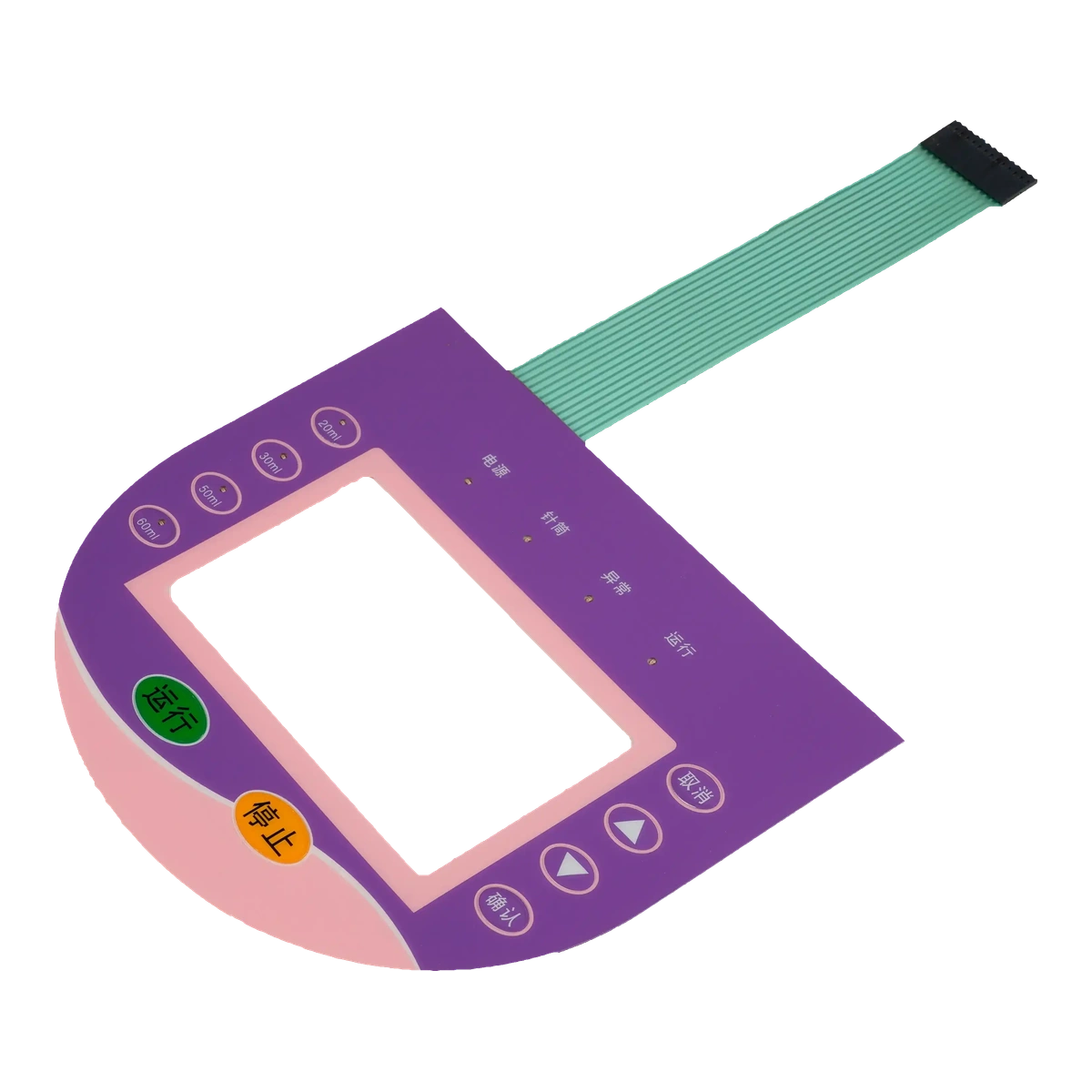 Membrane control panel with a large display opening, preset and function keys, status indicators, and a flexible tail with connector
