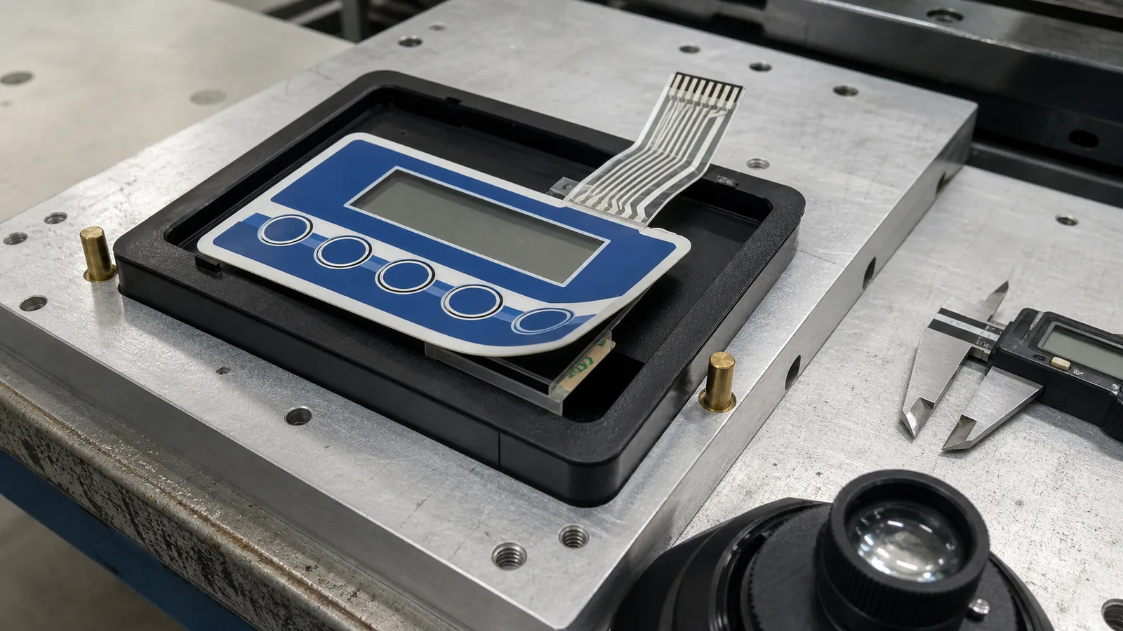 Membrane switch prototype aligned in a molded enclosure on a dimensional inspection fixture