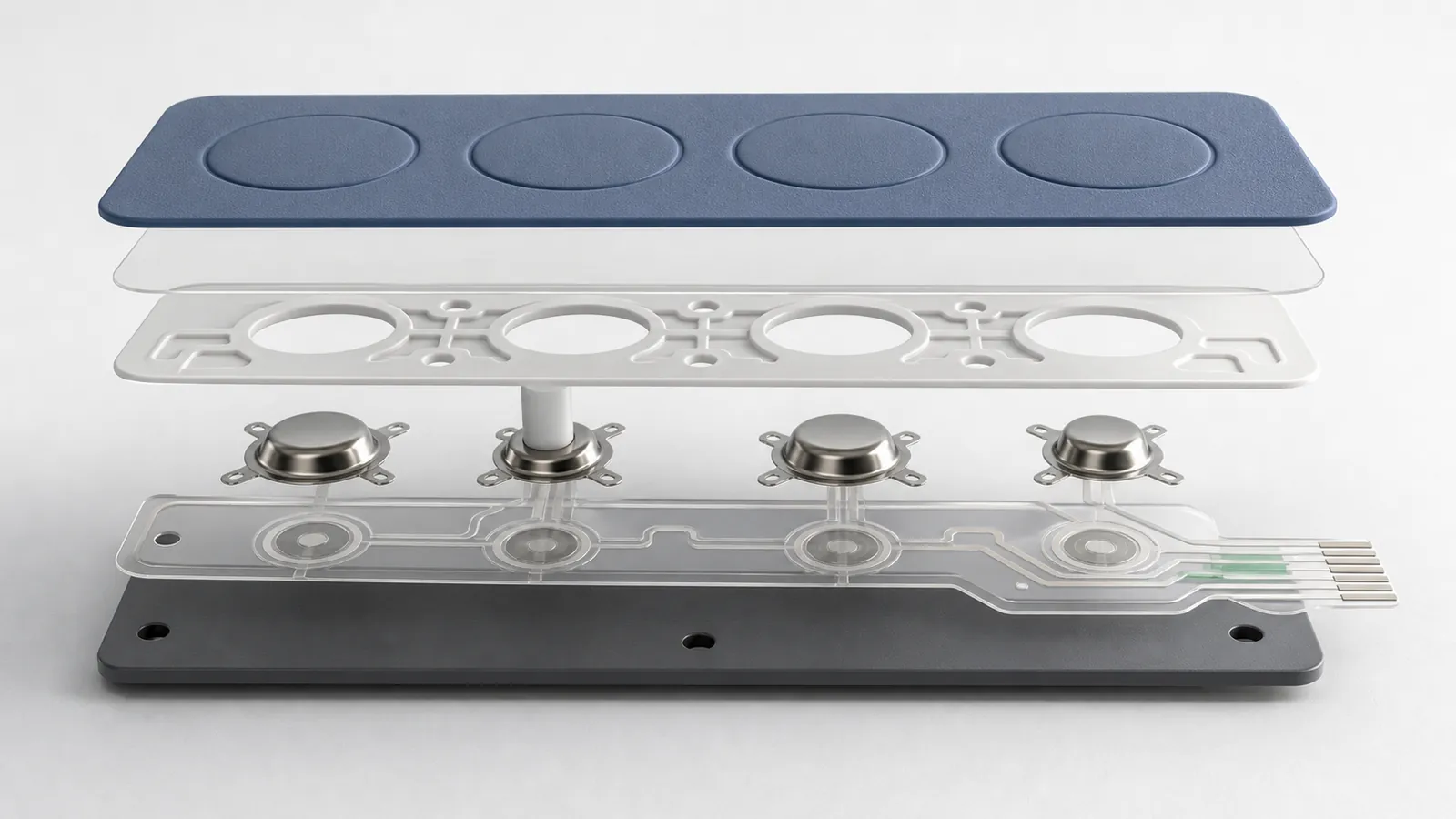 Three-dimensional layer view of a tactile membrane switch showing overlay, spacer, metal dome, printed circuit, adhesive, and support surface