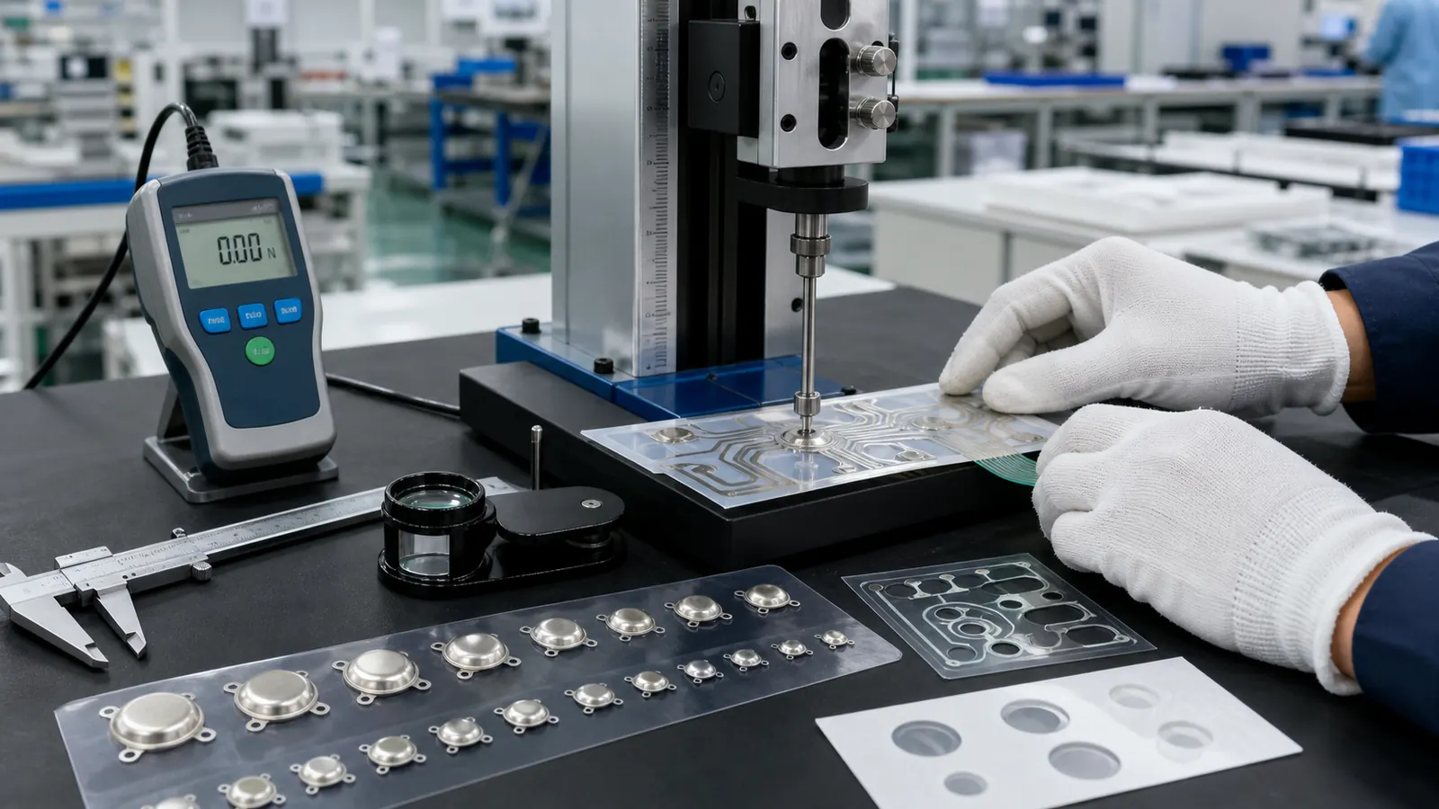 Force-displacement inspection of stainless steel tactile domes on a membrane switch test fixture with comparison samples and engineering instruments