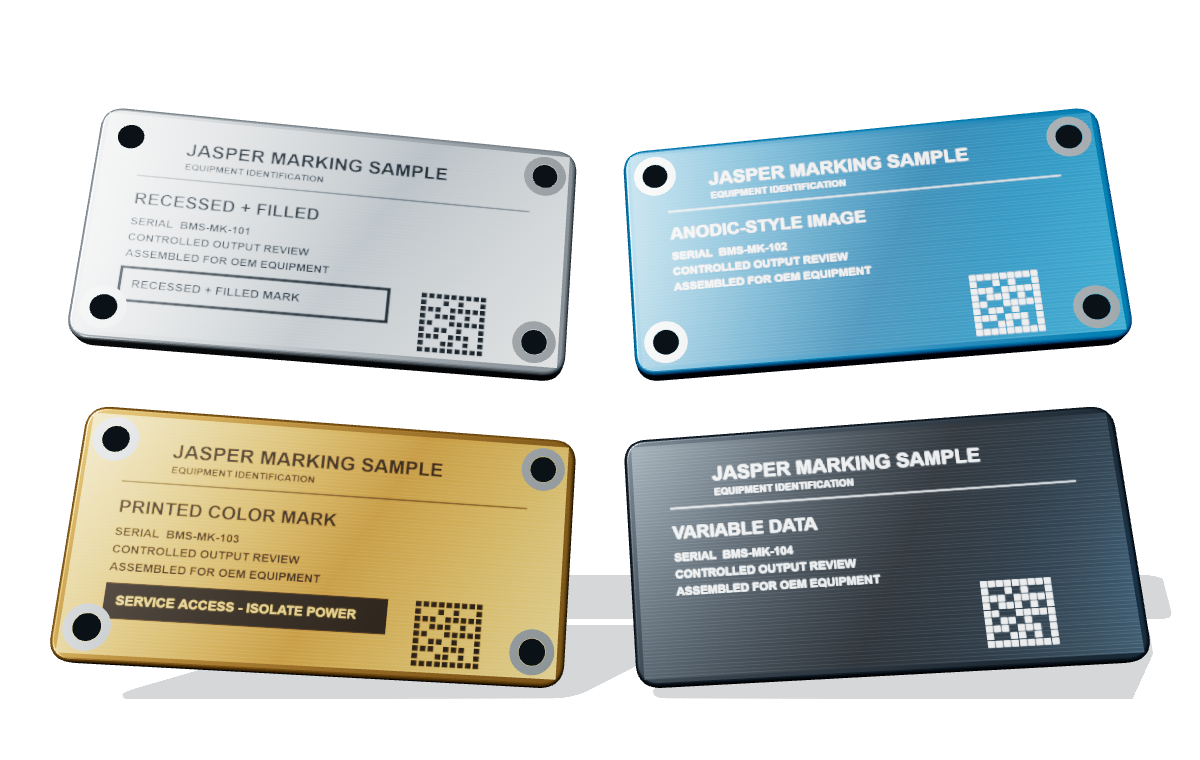 Four fictional metal nameplate samples representing recessed, anodic-style, printed, and variable-data marking results