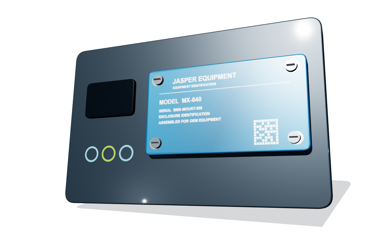 Fictional JASPER metal equipment nameplate mounted to a dark industrial enclosure with four fasteners