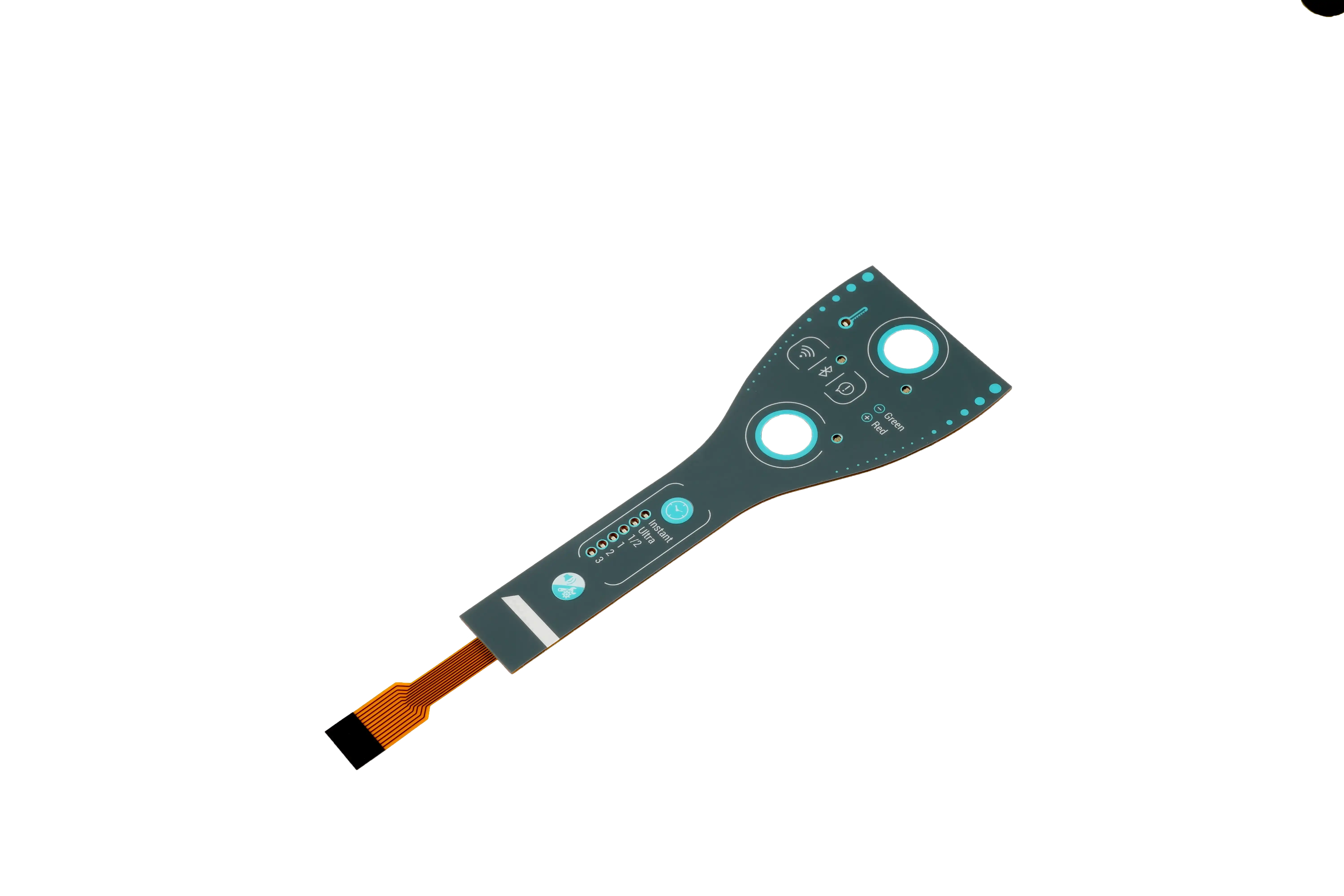 Membrane switch with illuminated red status indicators and flexible tail