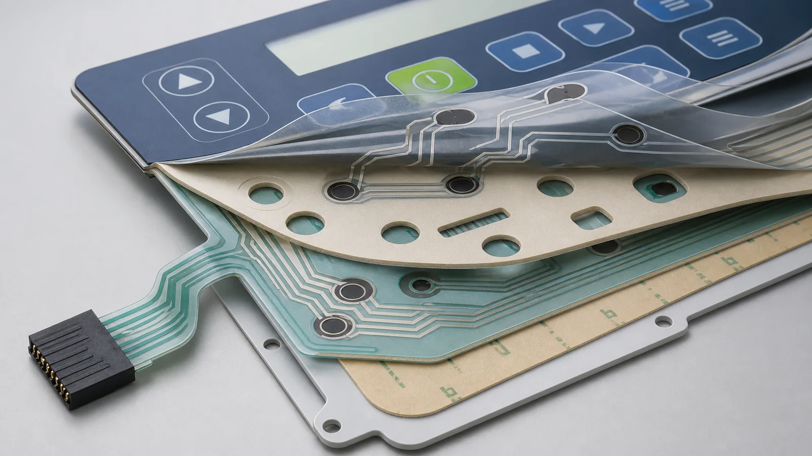 Three-dimensional cutaway of a non-tactile membrane switch showing flat printed contacts, spacer openings, vent path, lower circuit, tail, adhesive, and support
