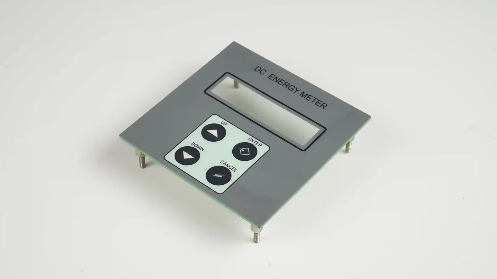 Real JASPER PCB-backed membrane switch assembly with overlay, display window, and board supports