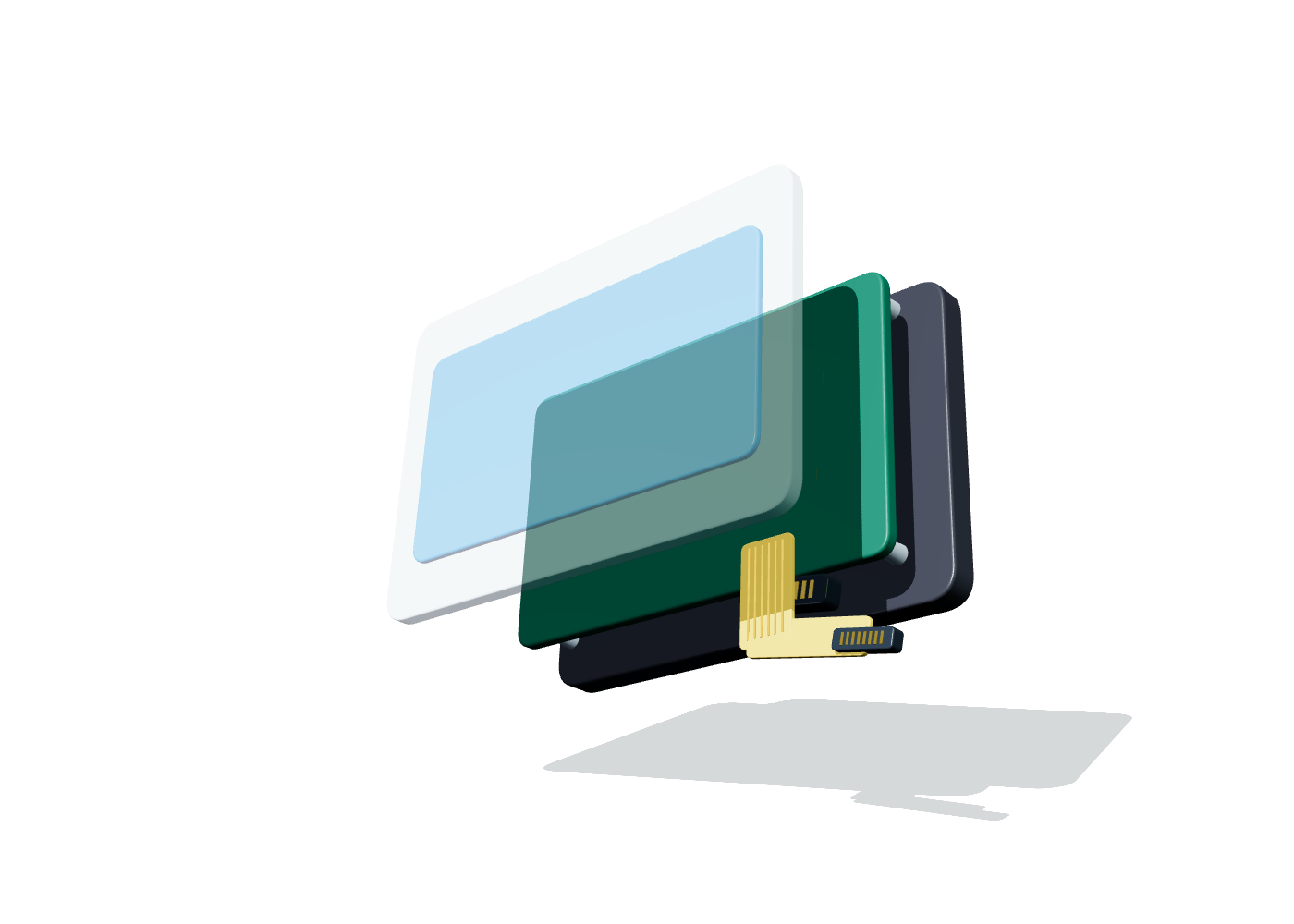 PCB and FPC HMI assembly with front controls, rigid board, flexible circuit, components, carrier, and connector