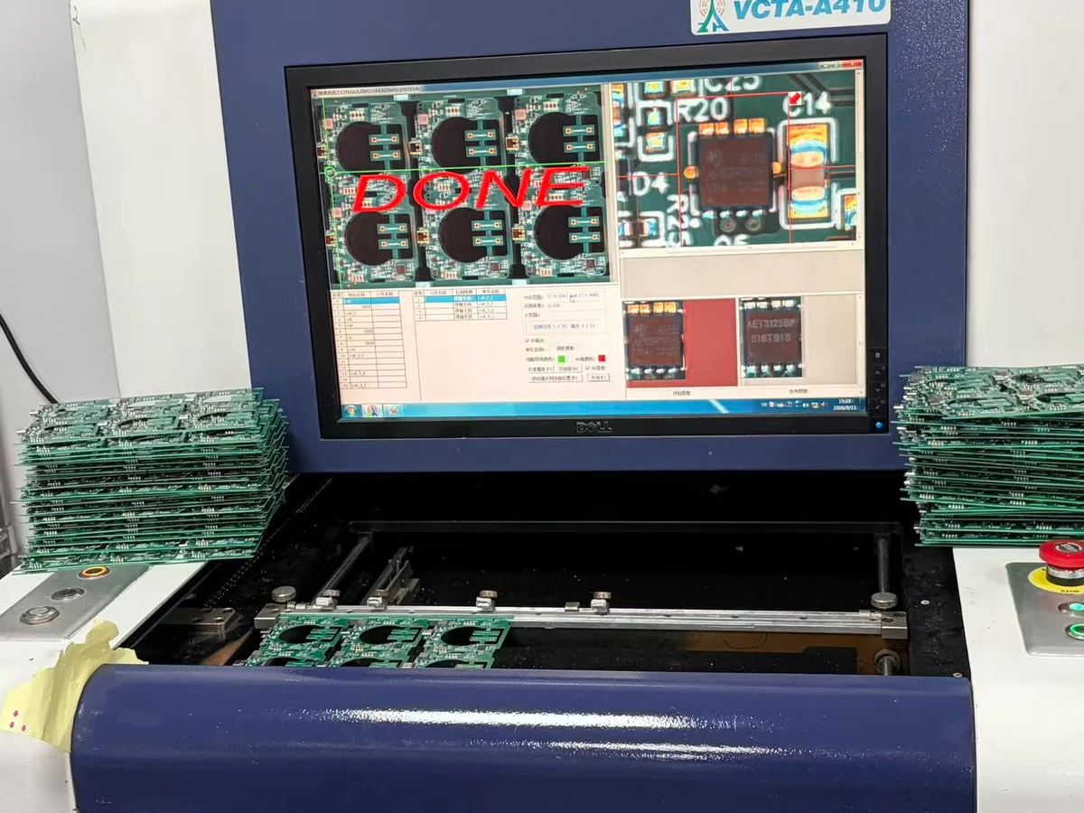 Optical inspection station with populated PCB panels and a component inspection screen