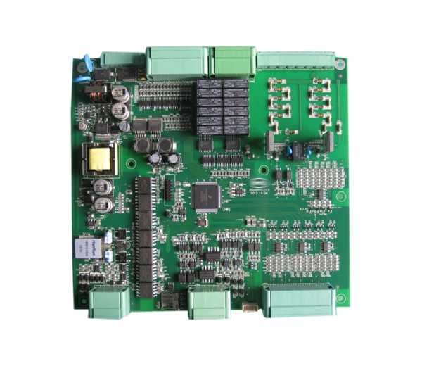 Populated green control board with integrated circuits, relays and terminal connectors