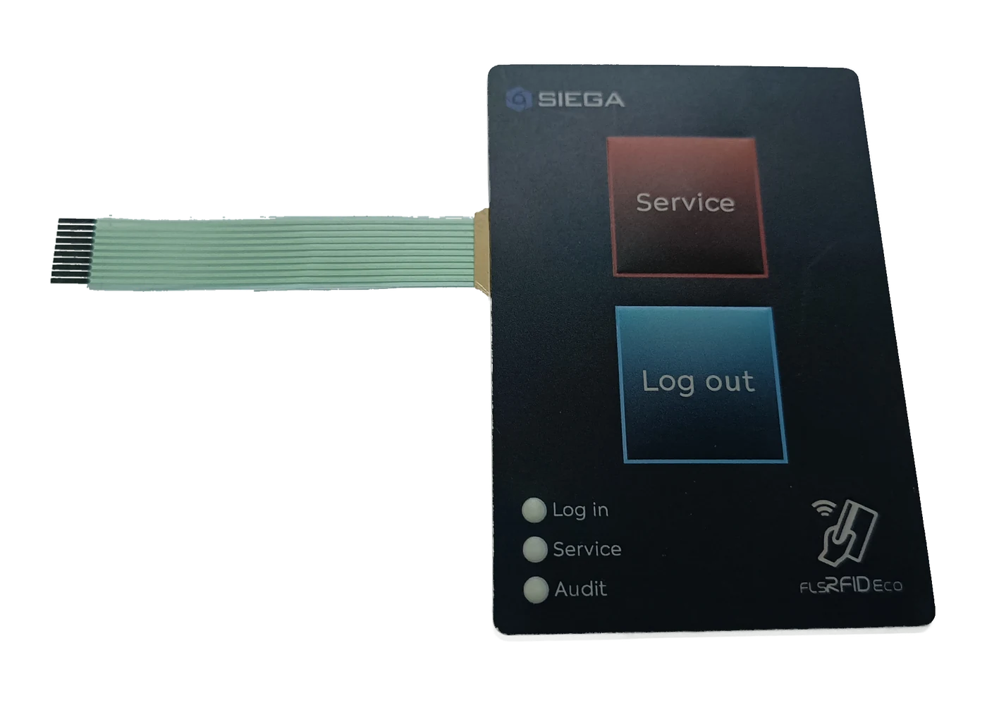 Real custom membrane switch with printed overlay, keys, and flexible circuit tail