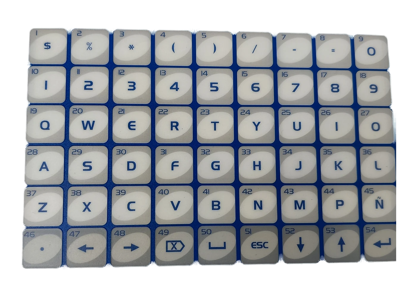 Real custom membrane keypad with grouped function keys, numeric controls, printed legends, and a flexible circuit tail