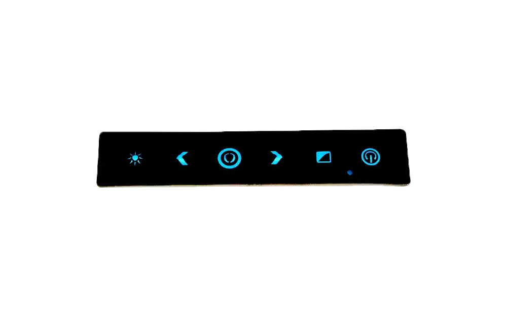 Black capacitive touch strip with six blue illuminated control icons