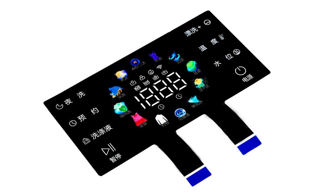 Powered black capacitive control panel with multicolor icons, digital display, and two flexible circuit tails