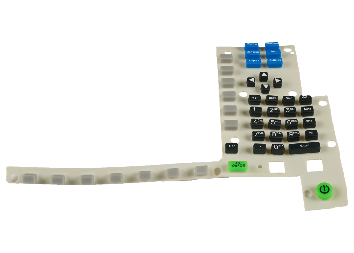 Molded instrument keypad with colored buttons and a light-colored base