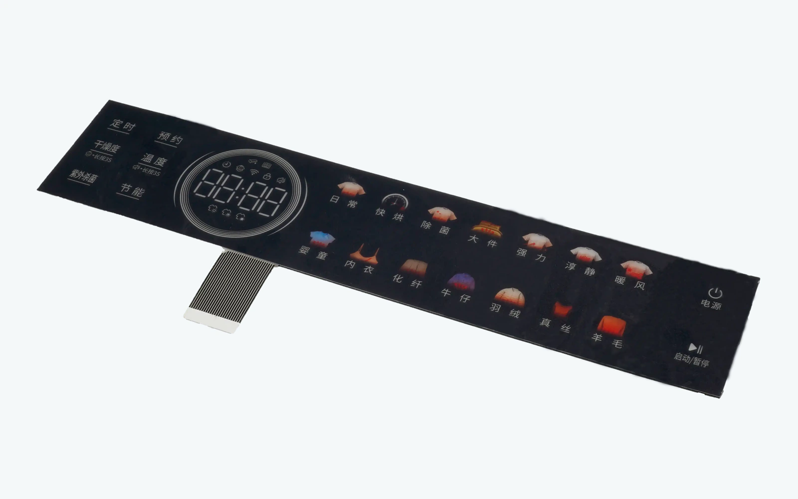 Long multi-key capacitive touch control panel with display window, printed program icons, and flexible tail