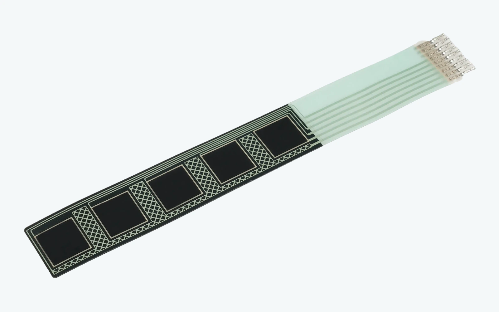 Flexibler kapazitiver Fünf-Tasten-Sensor mit gedruckten Elektroden, Leiterbahnen und Anschlussfahne