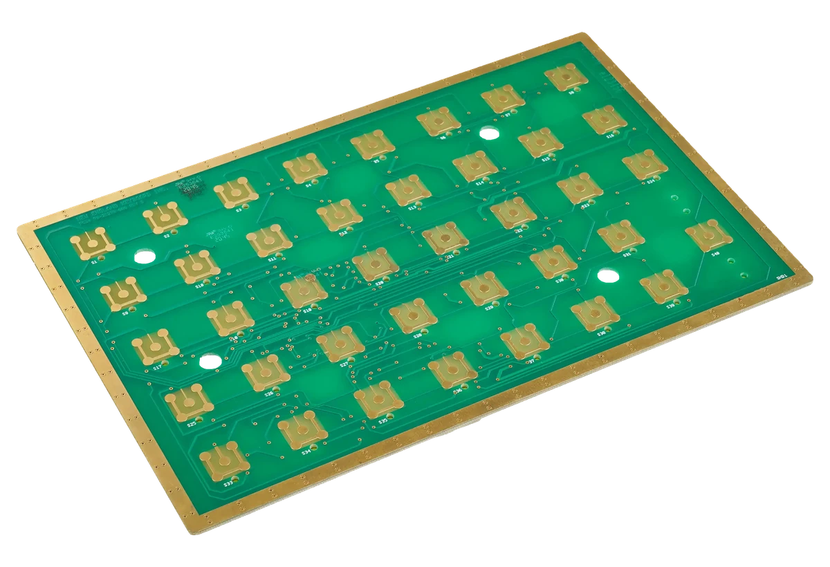 Printed circuit board with contact patterns, routed traces and mounting holes
