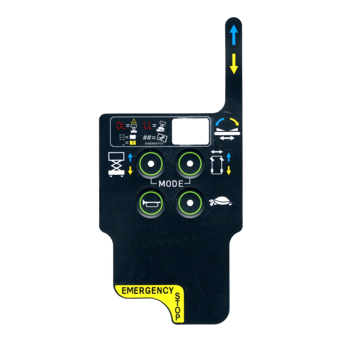 Custom printed graphic overlay with English control legends and shaped key areas