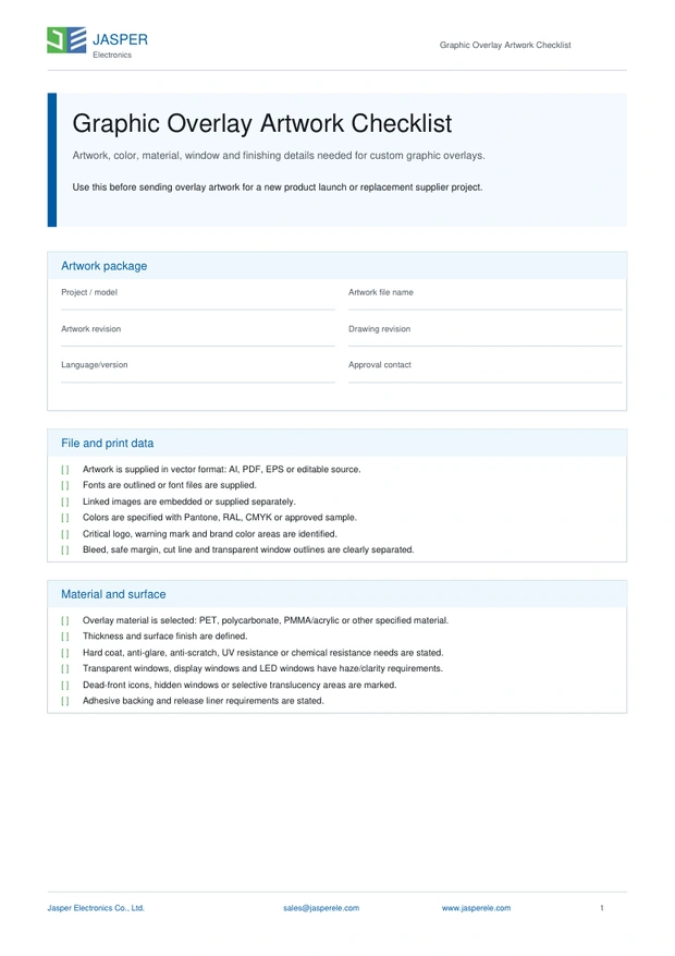 First page of the JASPER Graphic Overlay Artwork Checklist